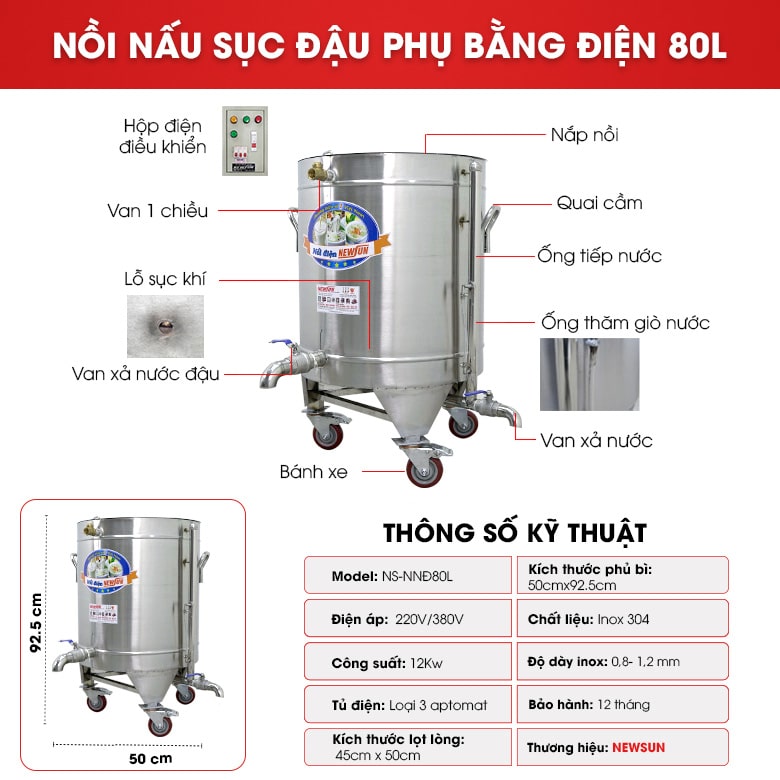 Cấu tạo nồi nấu đậu bằng điện 80L