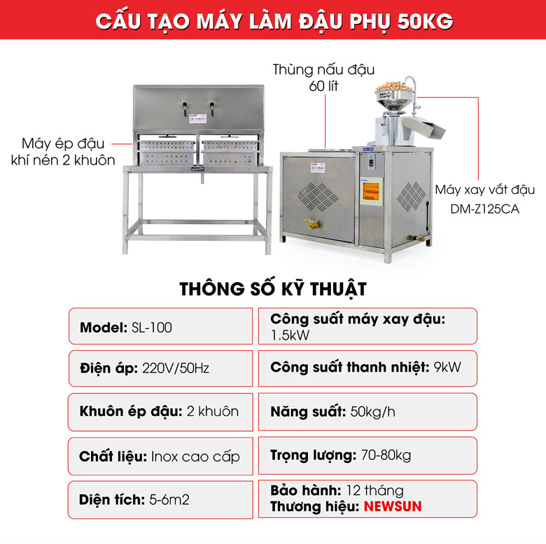 Máy làm đậu phụ mini gia đình 50kg Cấu tạo các bộ phận và thông số máy làm đậu phụ mini 50kg