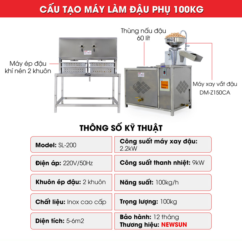 Máy làm đậu phụ công nghiệp 100kg Cấu tạo chung của máy làm đậu phụ công nghiệp và thông số kỹ thuật