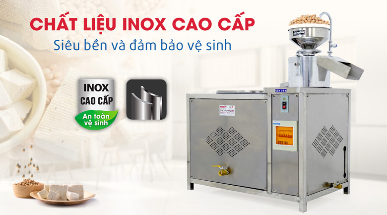 Máy làm đậu phụ công nghiệp 100kg Chất liệu inox cao cấp giúp tăng độ bền cũng như đảm bảo vệ sinh, an toàn thực phẩm