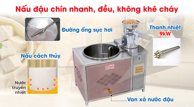 Máy làm đậu phụ công nghiệp 100kg Nồi nấu đậu 60 lít sử dụng công nghệ đun cách thủy và có ống sục hơi, van xả
