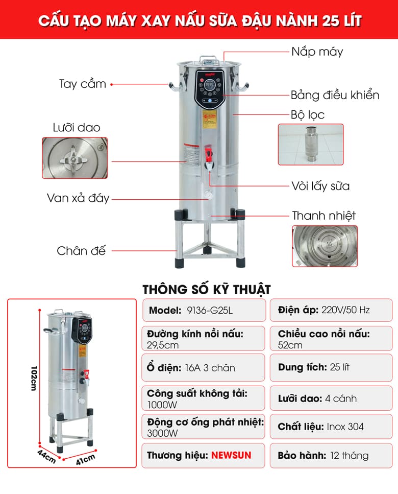 Cấu tạo của máy xay nấu sữa đậu nành 25 lít