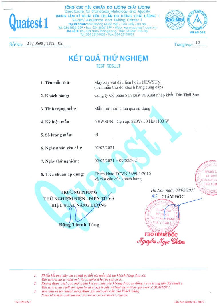 Máy xay đậu nành được kiểm định và chứng nhận chất lượng bởi Tổng Cục Tiêu Chuẩn Đo Lường Chất Lượng