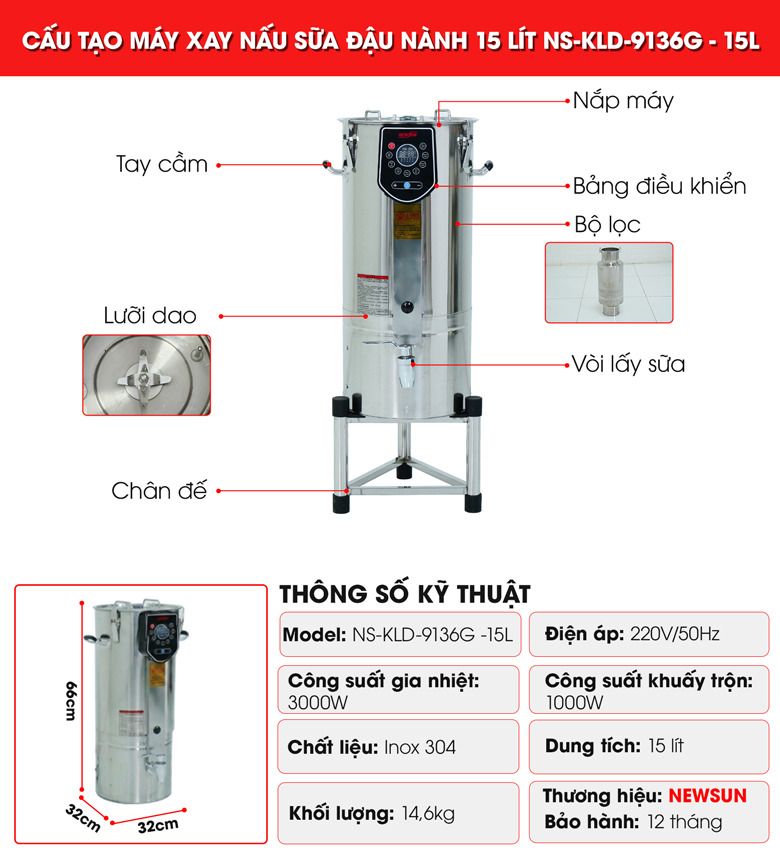 Cấu tạo chi tiết của máy xay nấu sữa đậu đa năng NS-KLD-9136G – 15L