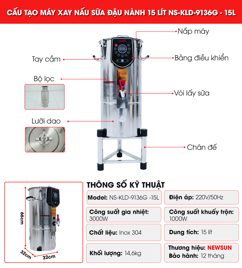 Cấu tạo chi tiết của máy xay nấu sữa đậu đa năng 9136G – 15L