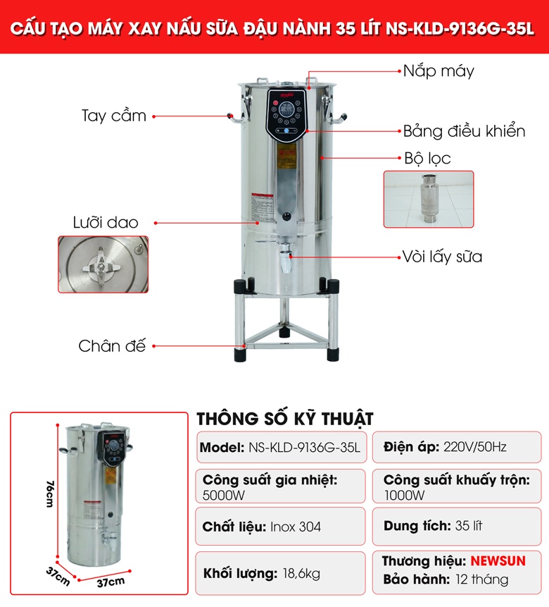 Cấu tạo máy xay nấu sữa đậu nành 35 lít KLD-9136G-35L