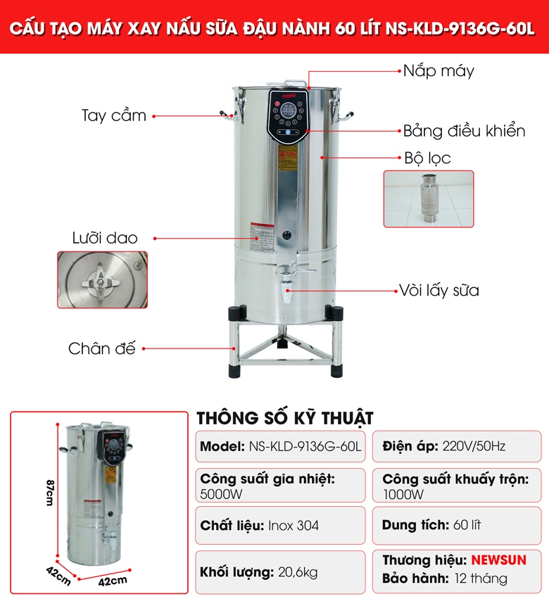 Cấu tạo máy xay nấu sữa đậu nành 60 lít KLD-9136G-60L