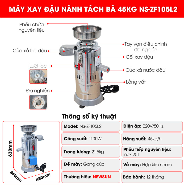 Cấu tạo chi tiết máy xay đậu nành tách bã 45kg ZF105L2